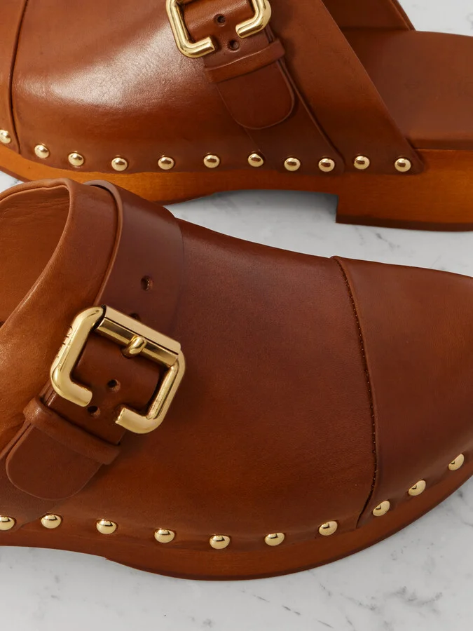 Chloé - Jeannette Embellished Leather Clogs - Brown - Image 4