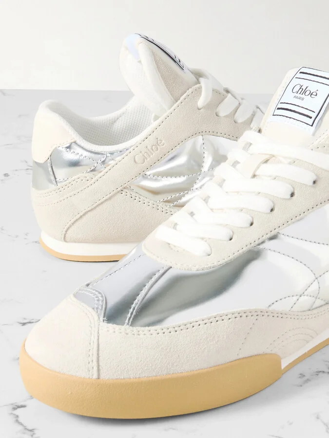 Chloé - Kick Suede And Metallic Leather Sneakers - Silver - Image 4