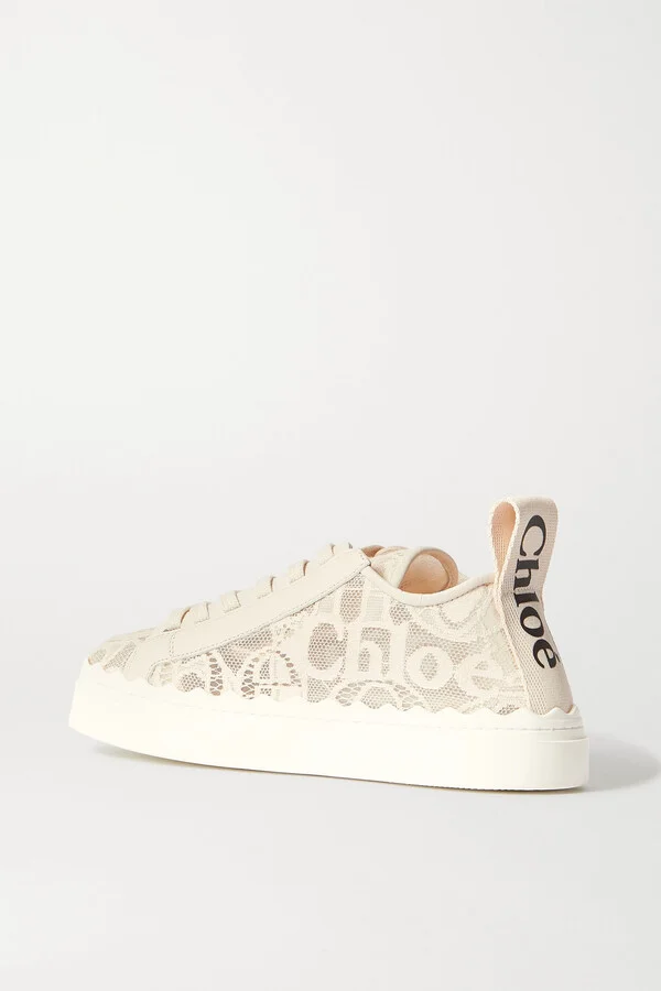 Chloé - Lauren Scalloped Lace, Leather And Canvas Sneakers - Off-white - Image 3