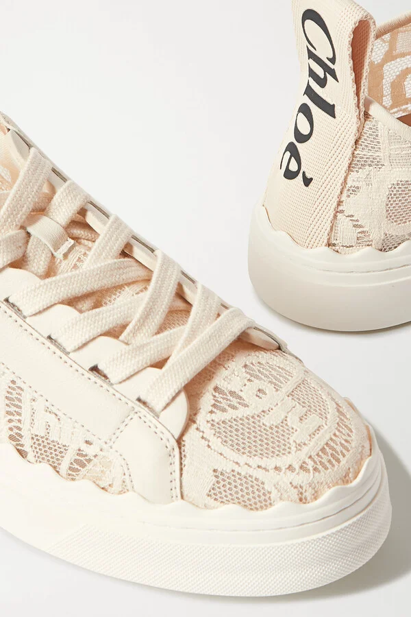 Chloé - Lauren Scalloped Lace, Leather And Canvas Sneakers - Off-white - Image 4