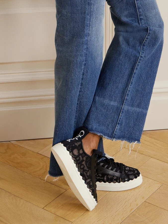 Chloé - Lauren Scalloped Logo-detailed Lace And Leather Sneakers - Black - Image 2