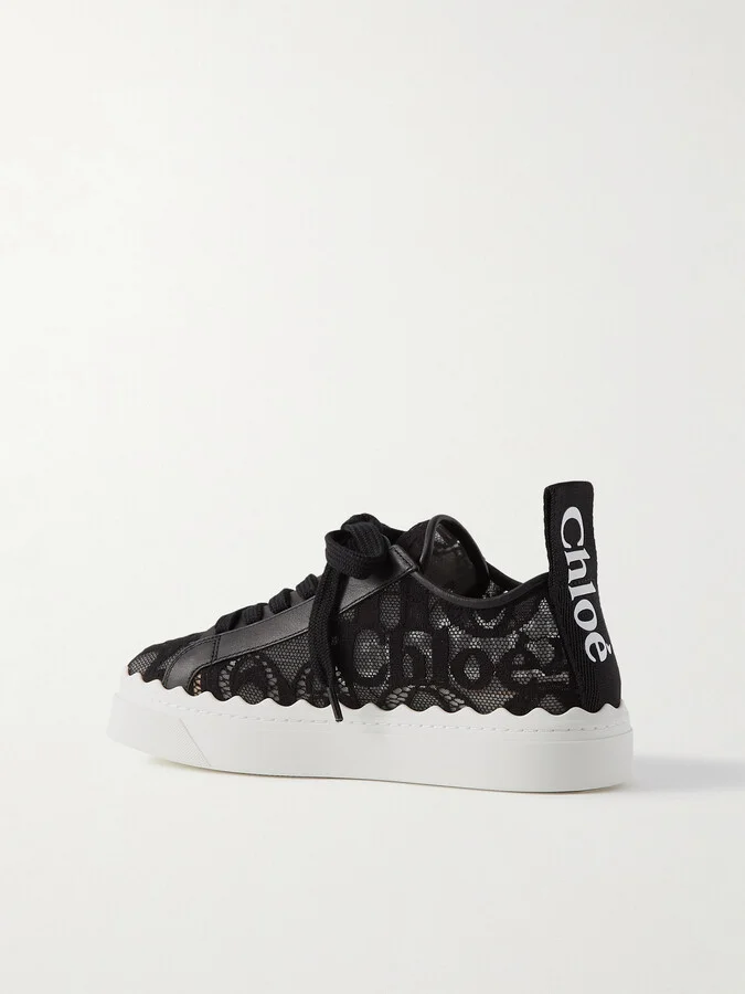 Chloé - Lauren Scalloped Logo-detailed Lace And Leather Sneakers - Black - Image 3
