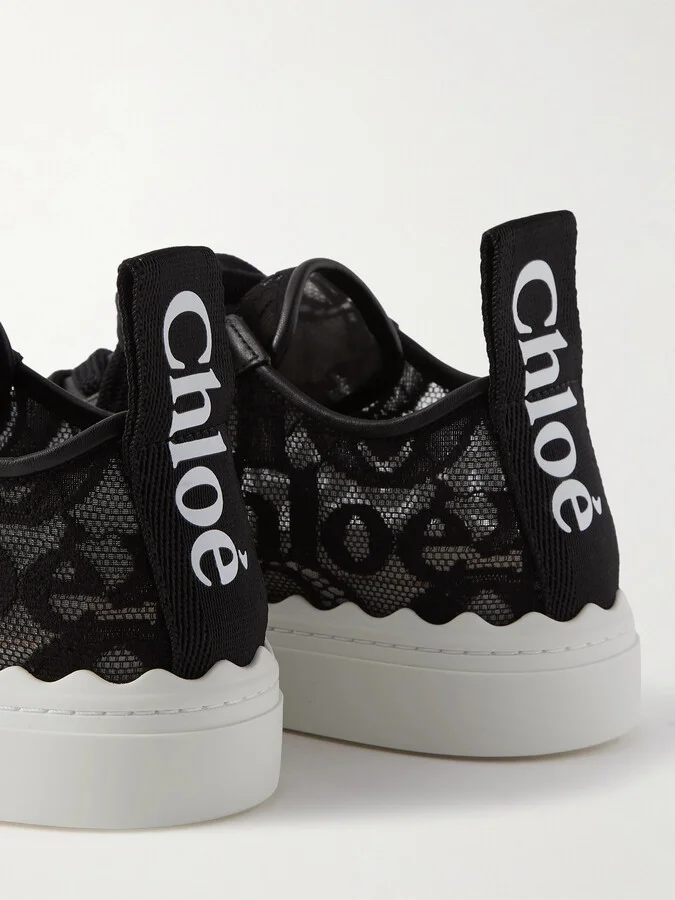 Chloé - Lauren Scalloped Logo-detailed Lace And Leather Sneakers - Black - Image 4