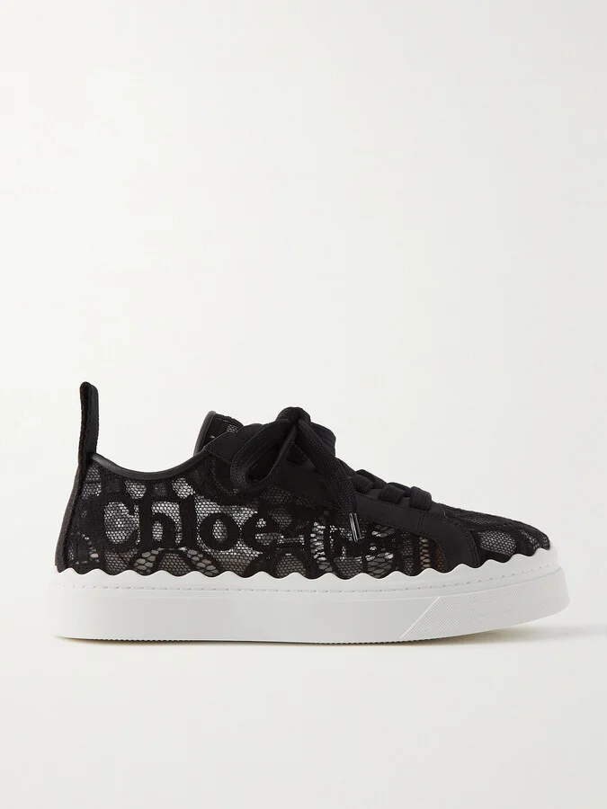 Chloé - Lauren Scalloped Logo-detailed Lace And Leather Sneakers - Black
