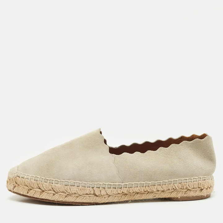 Chloe Light Grey Suede Scalloped Accent Espadrille Flats Size 38