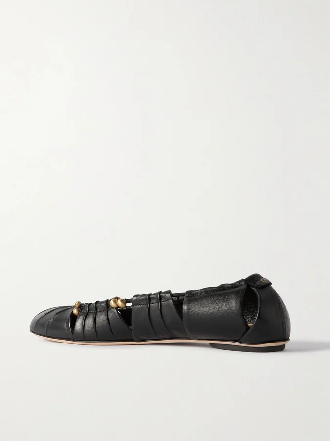 Chloé - Luna Cut-out Embellished Gathered Leather Ballet Flats - Black - Image 3