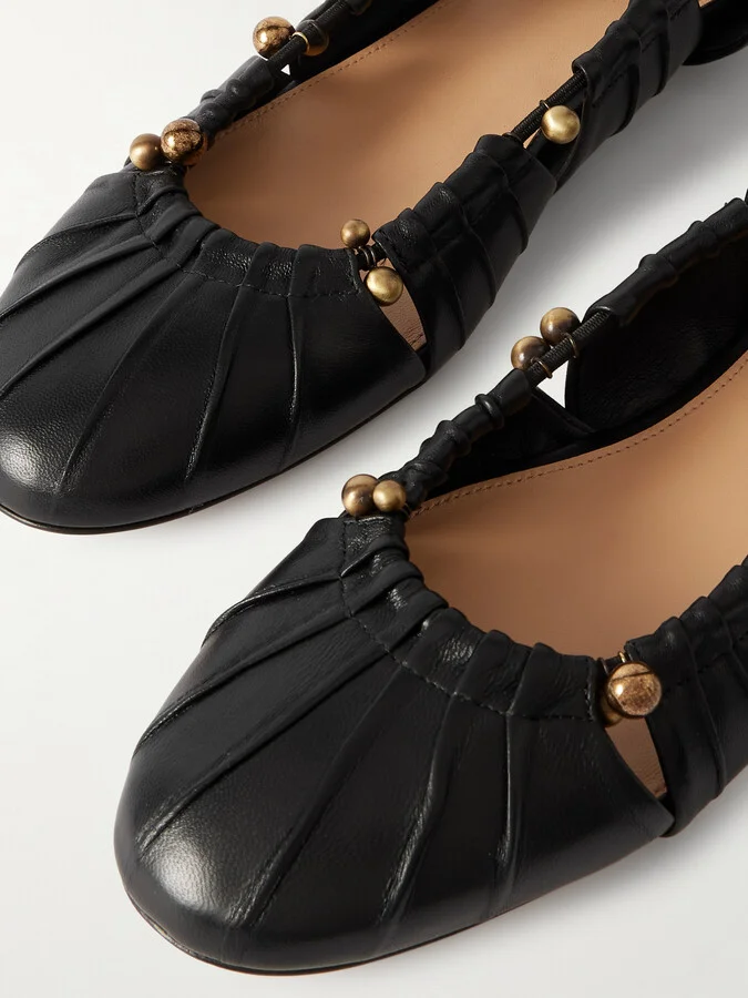 Chloé - Luna Cut-out Embellished Gathered Leather Ballet Flats - Black - Image 4
