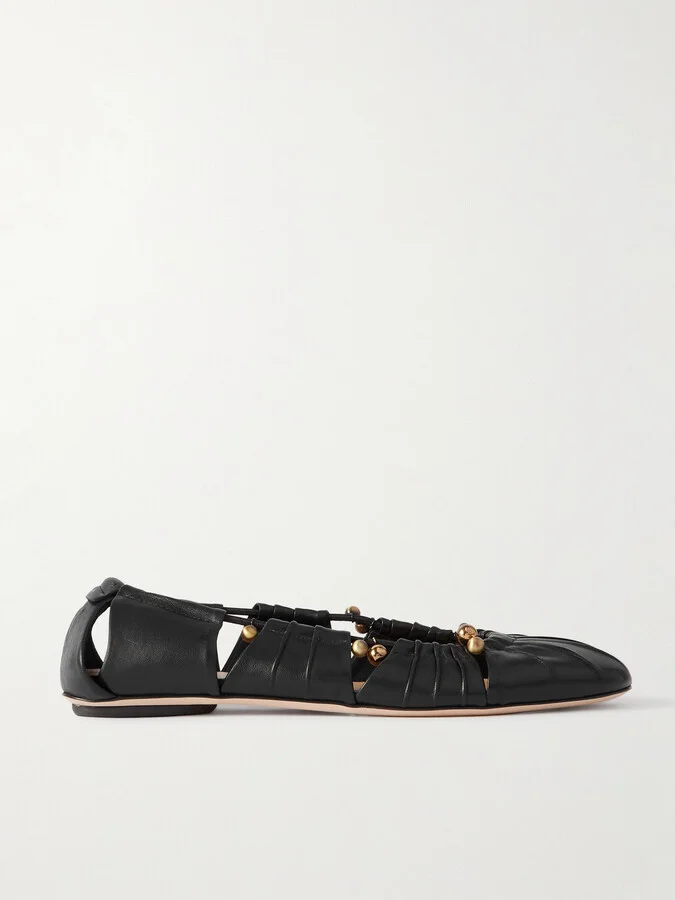 Chloé - Luna Cut-out Embellished Gathered Leather Ballet Flats - Black - Image 5