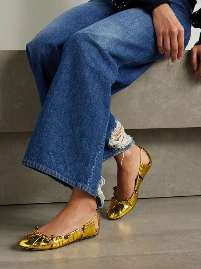 Chloé - Luna Cutout Embellished Gathered Metallic Leather Ballet Flats - Gold - Image 2