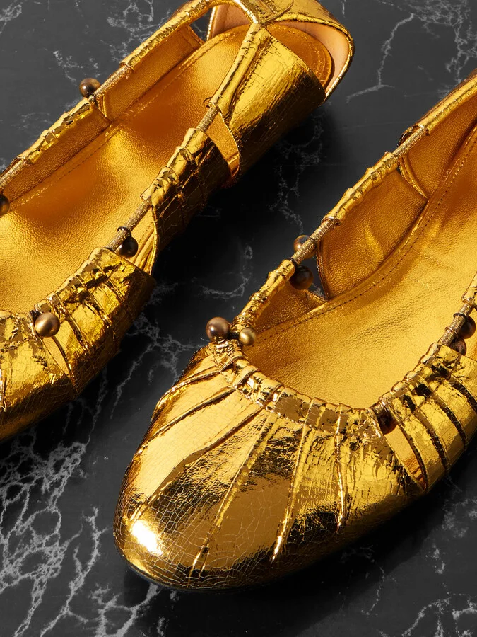 Chloé - Luna Cutout Embellished Gathered Metallic Leather Ballet Flats - Gold - Image 4