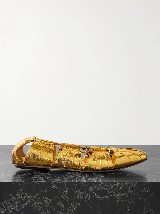 Chloé - Luna Cutout Embellished Gathered Metallic Leather Ballet Flats - Gold