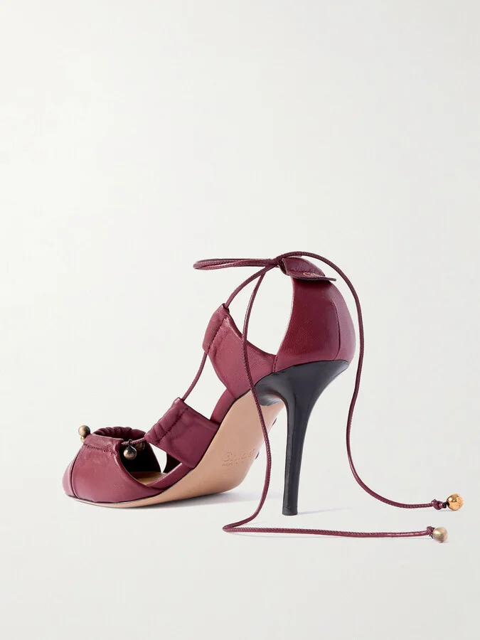 Chloé - Luna Cutout Embellished Pleated Leather Pumps - Burgundy - Image 3