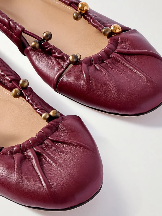 Chloé - Luna Cutout Embellished Pleated Leather Pumps - Burgundy - Image 4