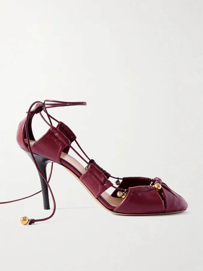 Chloé - Luna Cutout Embellished Pleated Leather Pumps - Burgundy