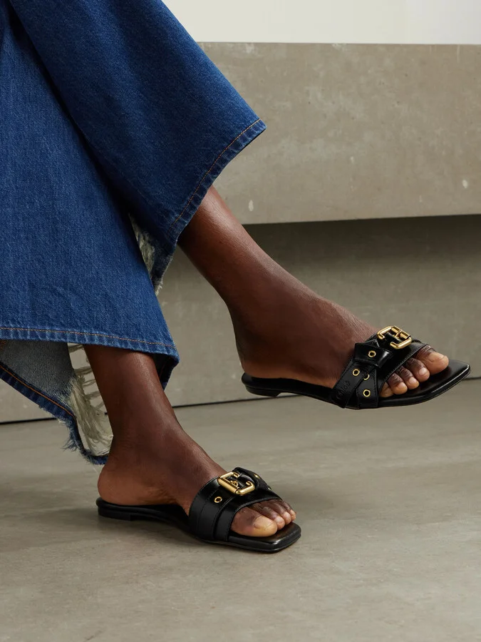 Chloé - Mae Buckle-embellished Glossed-leather Slides - Black - Image 2