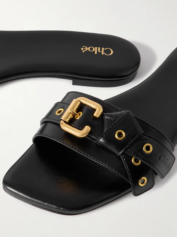 Chloé - Mae Buckle-embellished Glossed-leather Slides - Black - Image 4