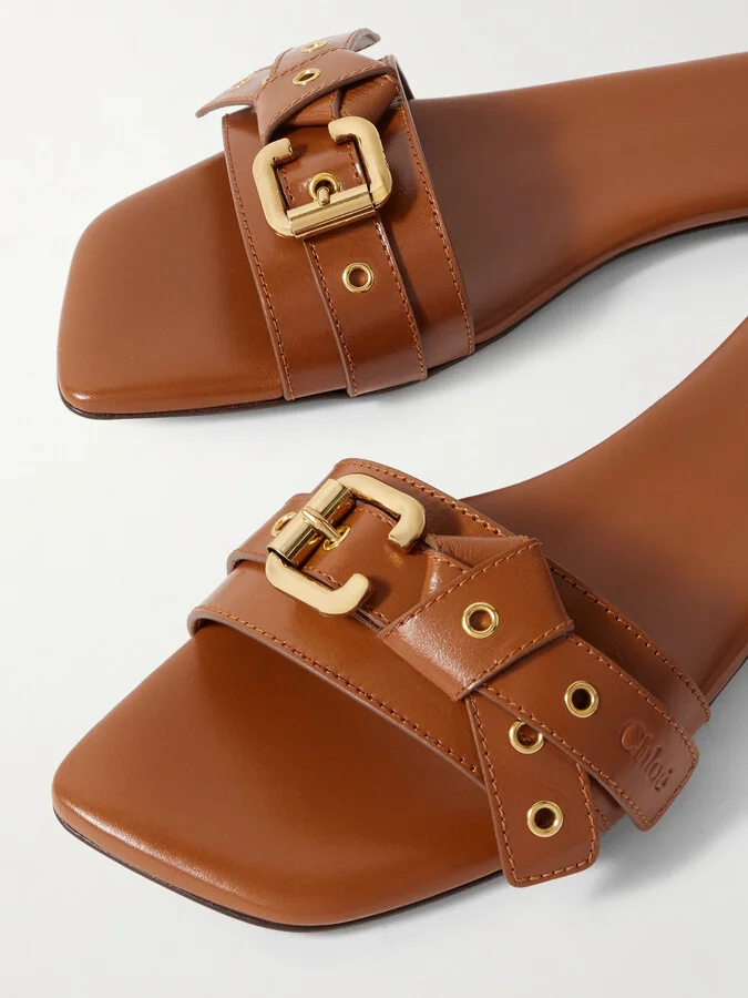 Chloé - Mae Buckle-embellished Leather Slides - Brown - Image 4