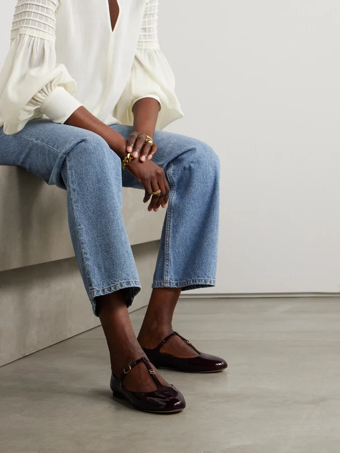 Chloé - Marcie Embellished Crinkled Patent-leather Ballet Flats - Burgundy - Image 2
