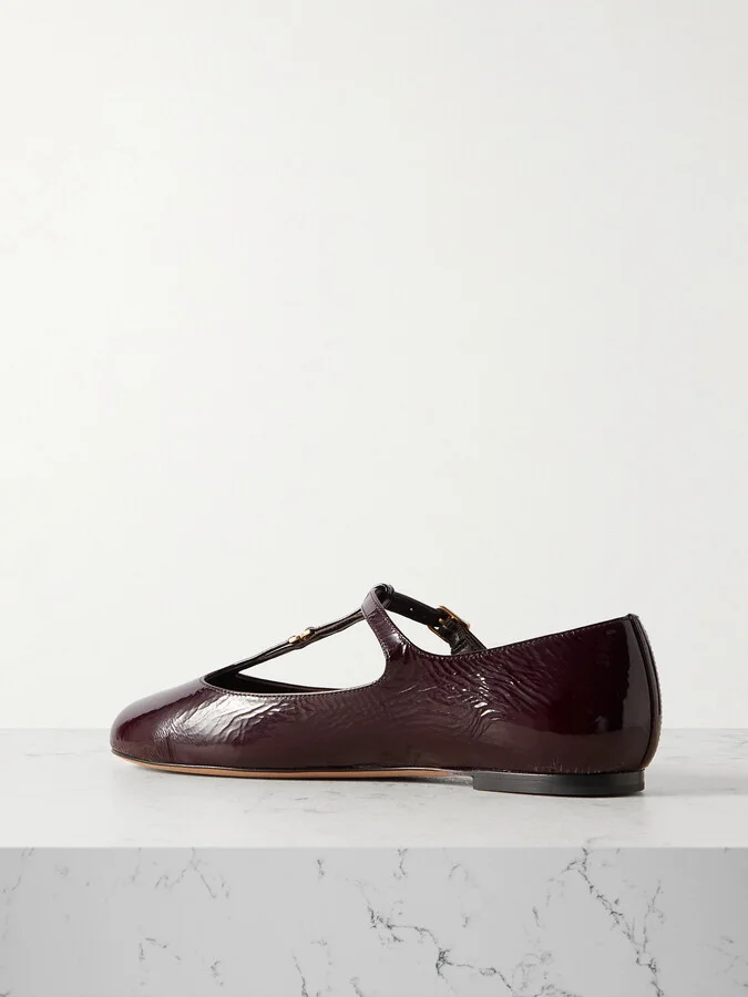 Chloé - Marcie Embellished Crinkled Patent-leather Ballet Flats - Burgundy - Image 3