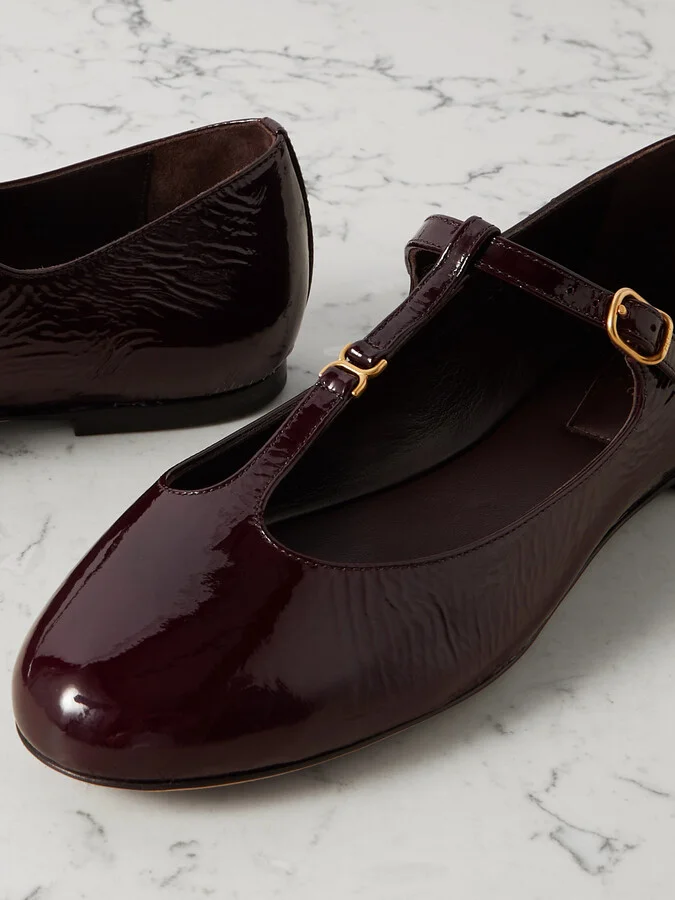 Chloé - Marcie Embellished Crinkled Patent-leather Ballet Flats - Burgundy - Image 4