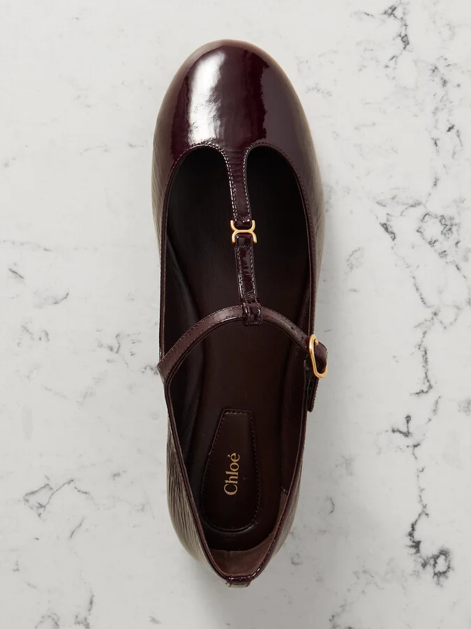 Chloé - Marcie Embellished Crinkled Patent-leather Ballet Flats - Burgundy - Image 5