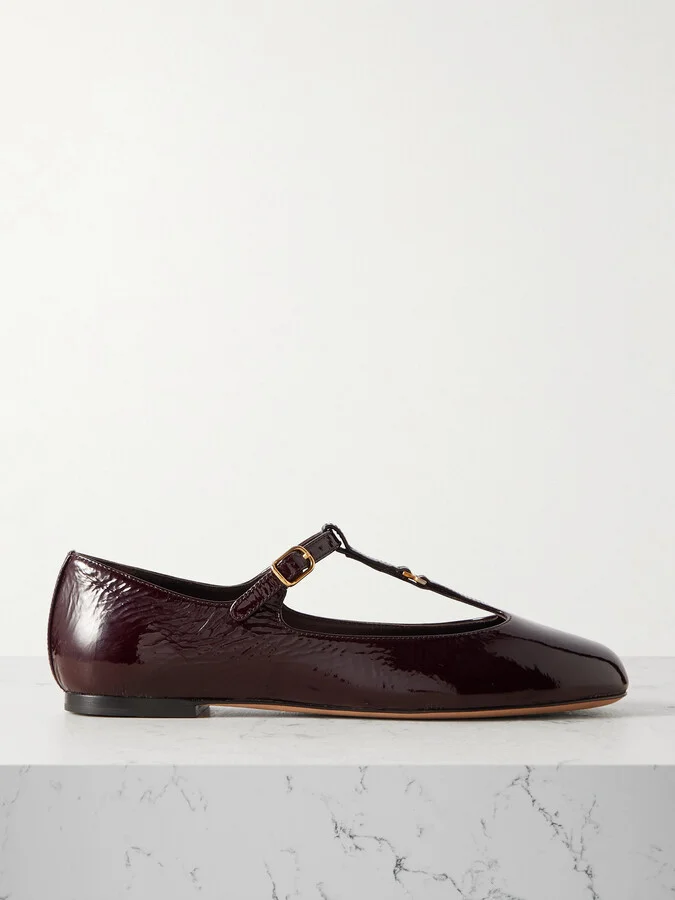 Chloé - Marcie Embellished Crinkled Patent-leather Ballet Flats - Burgundy