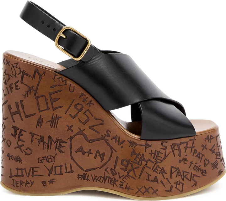 Chloé Maxime 140 Black Leather Platform Summer Wedge Sandals UK8 / EU45
