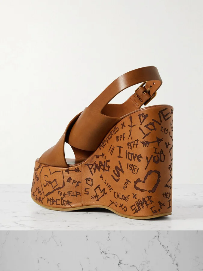 Chloé - Maxime Leather Platform Wedge Sandals - Brown - Image 3