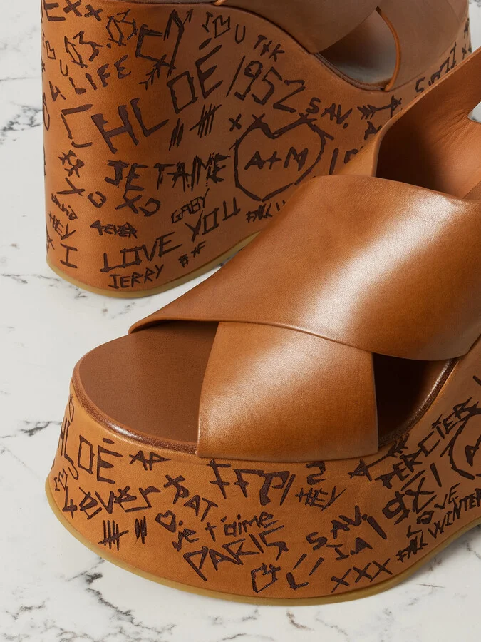 Chloé - Maxime Leather Platform Wedge Sandals - Brown - Image 4