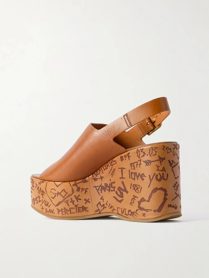 Chloé - Maxime Leather Platform Wedge Sandals - Brown - Image 3