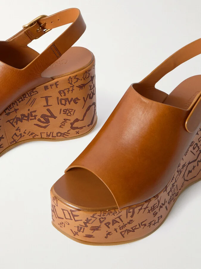 Chloé - Maxime Leather Platform Wedge Sandals - Brown - Image 4