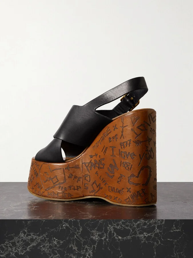 Chloé - Maxime Leather Slingback Platform Wedge Sandals - Black - Image 3