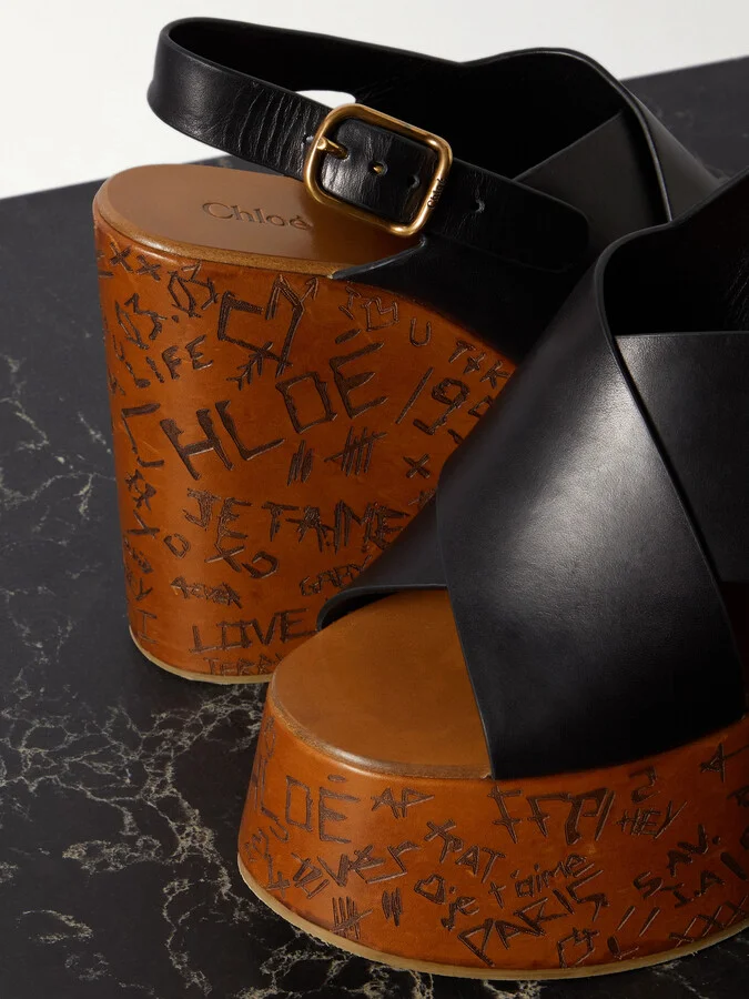 Chloé - Maxime Leather Slingback Platform Wedge Sandals - Black - Image 4