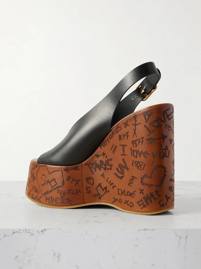 Chloé - Maxime Leather Slingback Platform Wedge Sandals - Black - Image 3