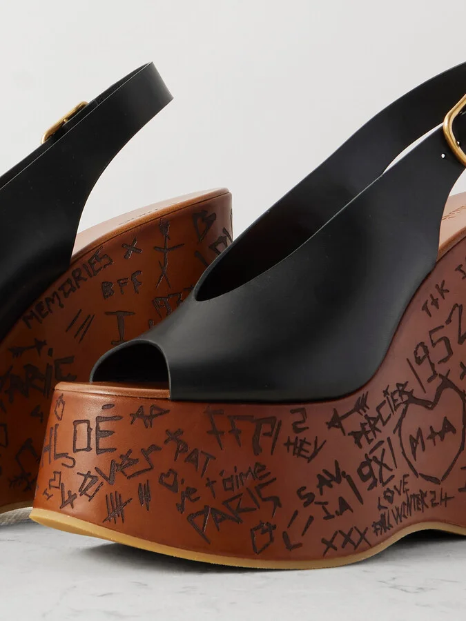 Chloé - Maxime Leather Slingback Platform Wedge Sandals - Black - Image 4