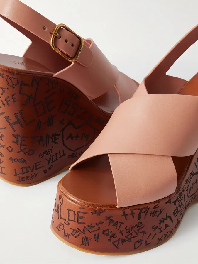 Chloé - Maxime Leather Wedge Sandals - Pink - Image 4