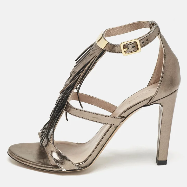Chloe Metallic Leather Fringe T-Strap Sandals Size 36.5