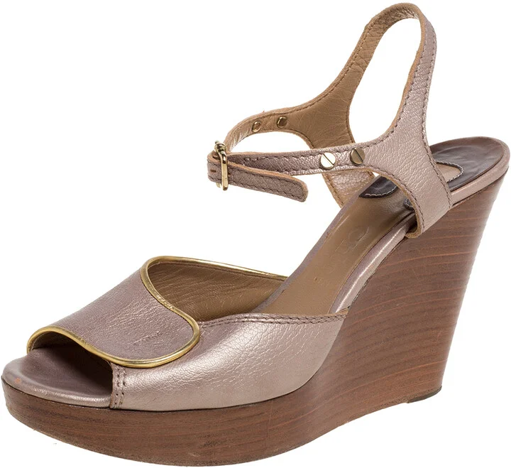 Chloe Metallic Peep Toe Ankle Strap Wooden Wedge Platform Sandals Size 37