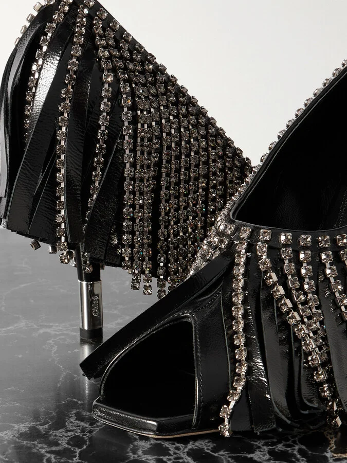 Chloé - Mona Crystal-embellished Fringed Leather Pumps - Black - Image 4