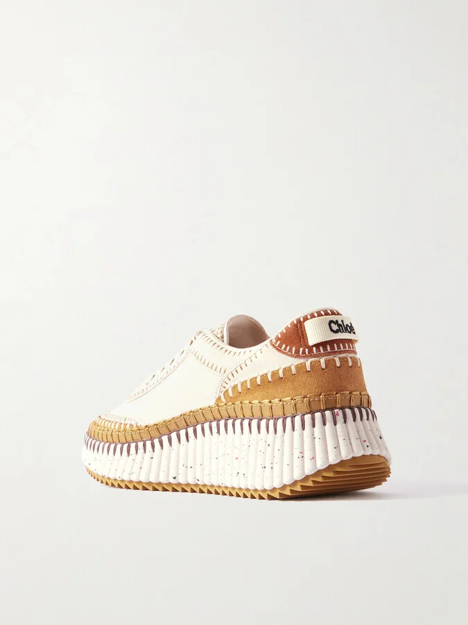 Chloé - Nama Embroidered Leather-trimmed Suede Sneakers - White - Image 3