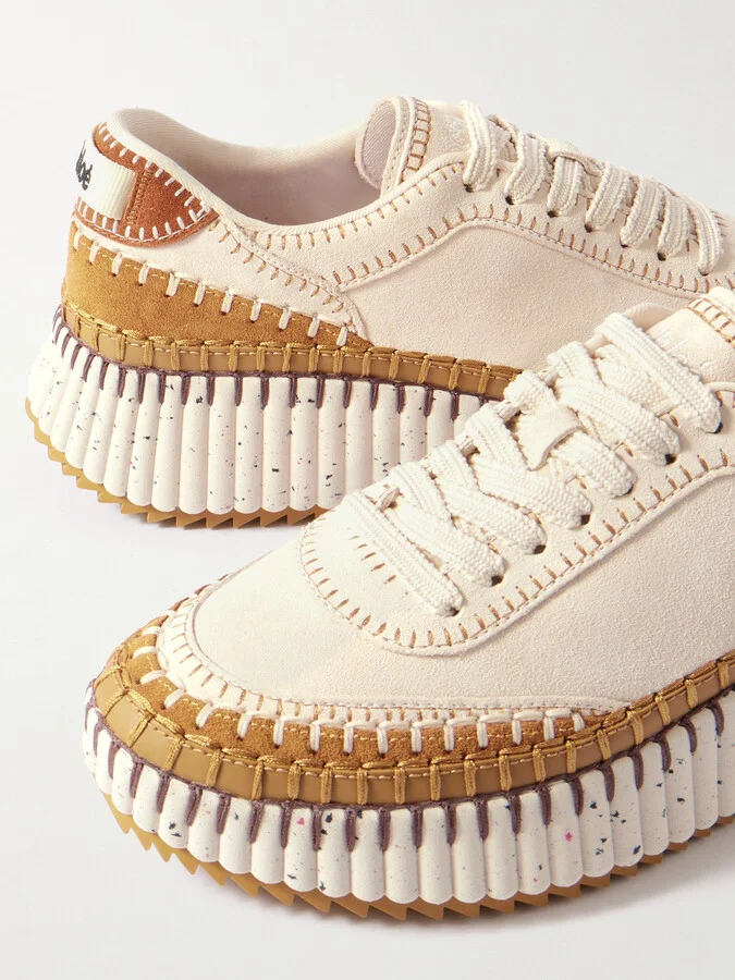 Chloé - Nama Embroidered Leather-trimmed Suede Sneakers - White - Image 4