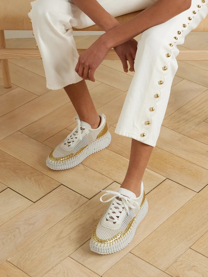Chloé - Nama Embroidered Metallic Leather And Mesh Sneakers - White - Image 2