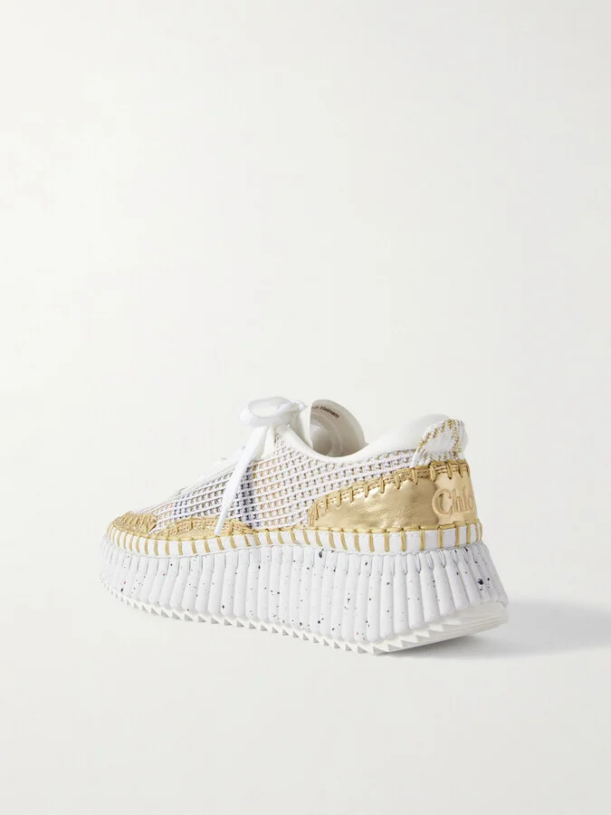 Chloé - Nama Embroidered Metallic Leather And Mesh Sneakers - White - Image 3
