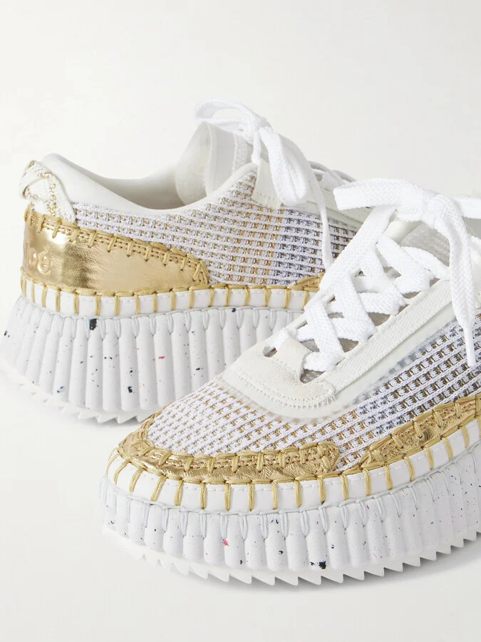Chloé - Nama Embroidered Metallic Leather And Mesh Sneakers - White - Image 4