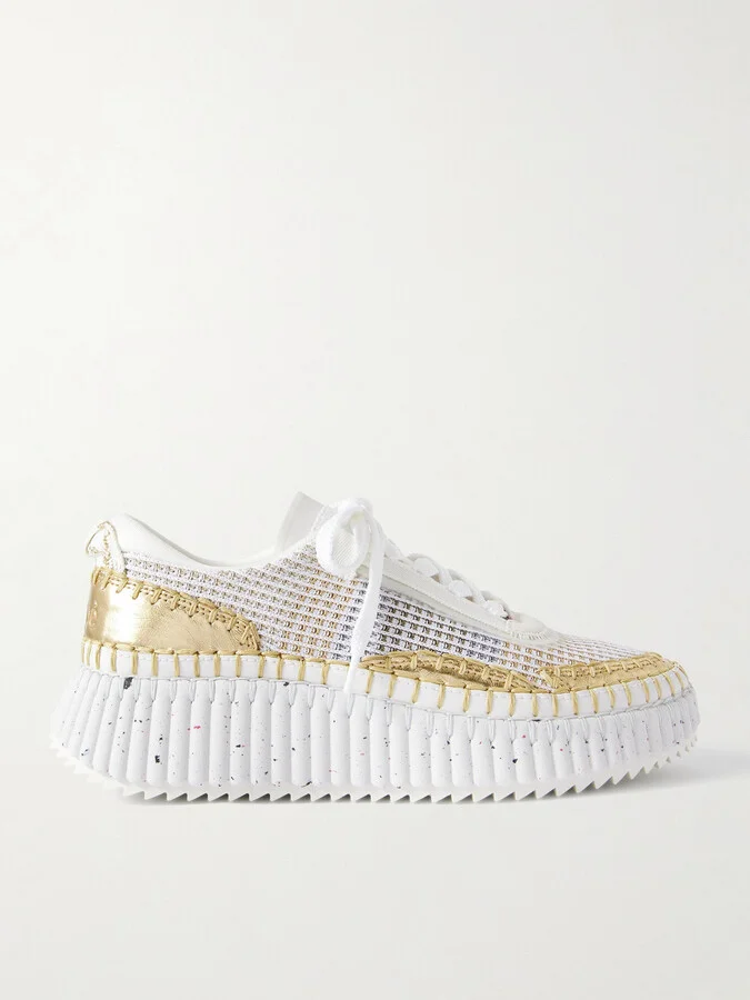 Chloé - Nama Embroidered Metallic Leather And Mesh Sneakers - White