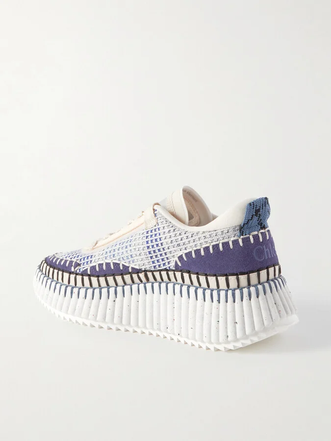 Chloé - Nama Embroidered Suede And Recycled-mesh Sneakers - Blue - Image 3