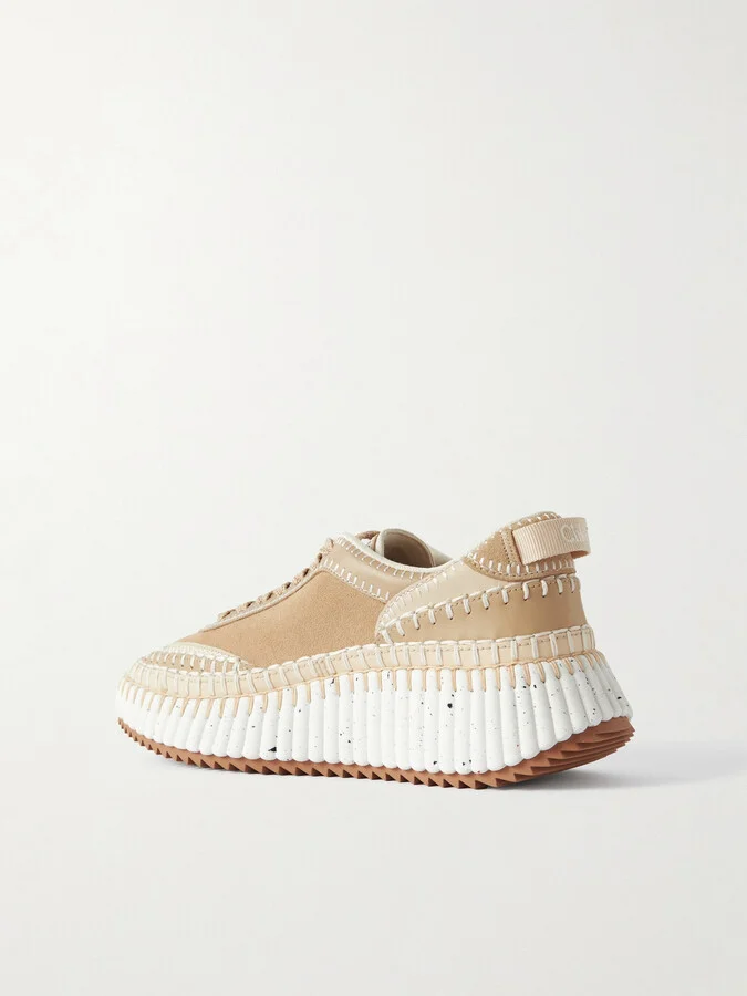 Chloé - Nama Embroidered Suede And Recycled-mesh Sneakers - Neutrals - Image 3