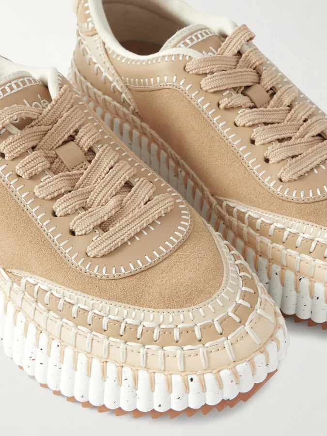 Chloé - Nama Embroidered Suede And Recycled-mesh Sneakers - Neutrals - Image 4