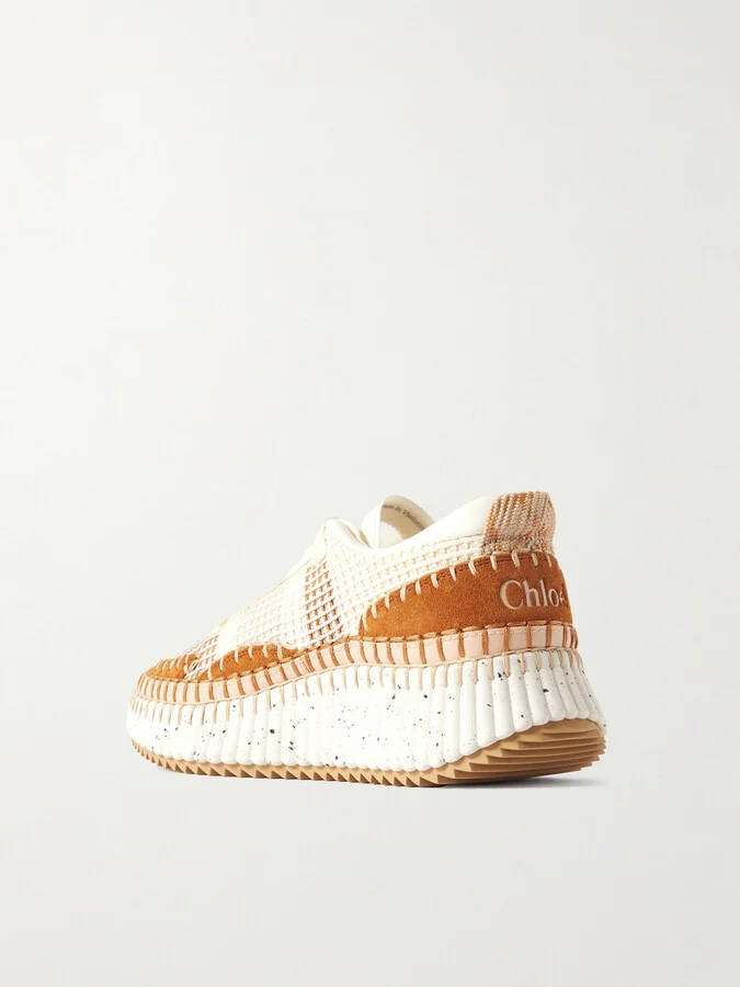 Chloé - Nama Embroidered Suede And Recycled-mesh Sneakers - Neutrals - Image 3