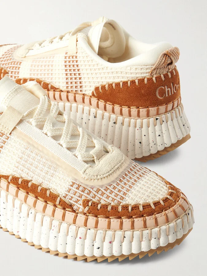 Chloé - Nama Embroidered Suede And Recycled-mesh Sneakers - Neutrals - Image 4